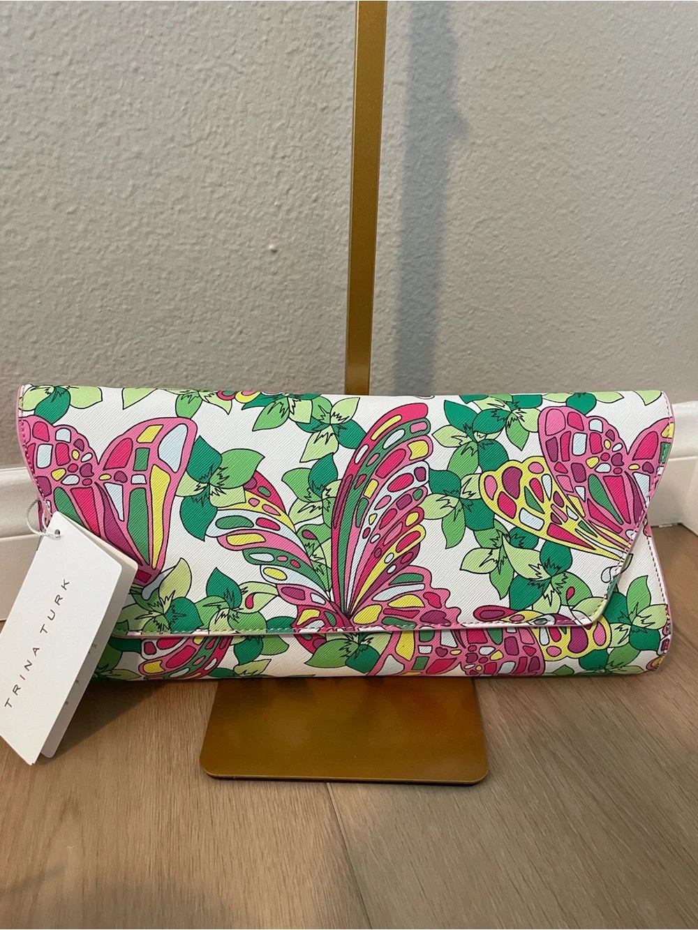 Trina Turk Butterfly Floral Envelope Clutch Pink Green NWT $98 TT-1017